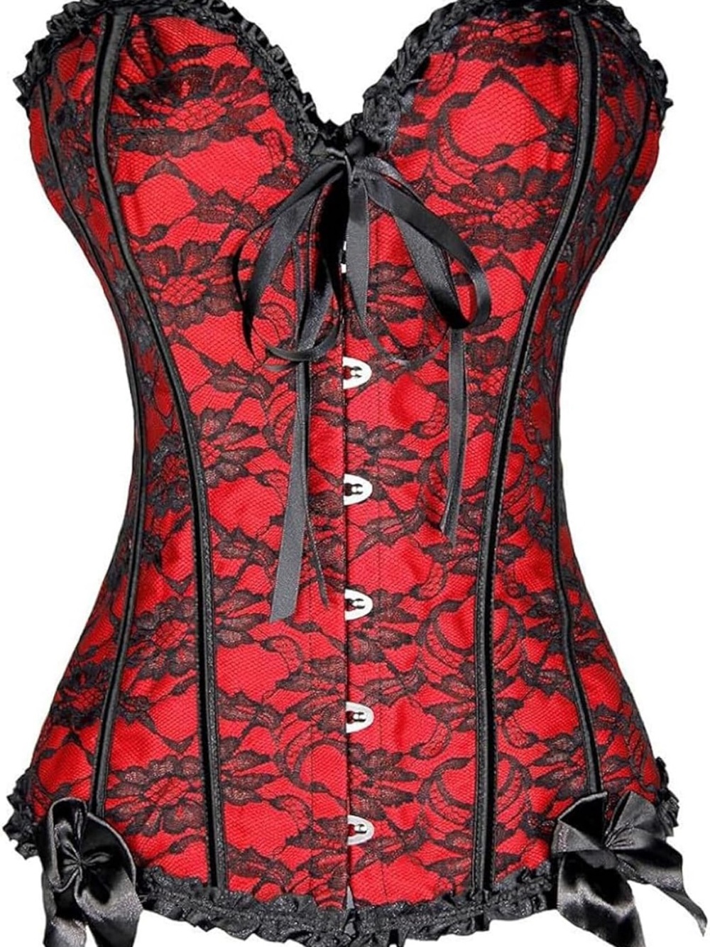 Red Lace Overlay Corset Bustier with Black Trim